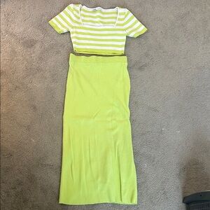 Zara Lime Green Striped Crop Top & Maxi Skirt Set
